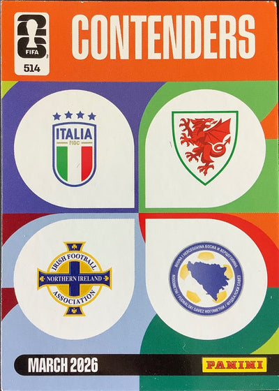 Team Logos (Italy-Northern Ireland / Wales-Bosnia & Herzegovina) – Panini Adrenalyn XL FIFA World Cup 2026 – #514
